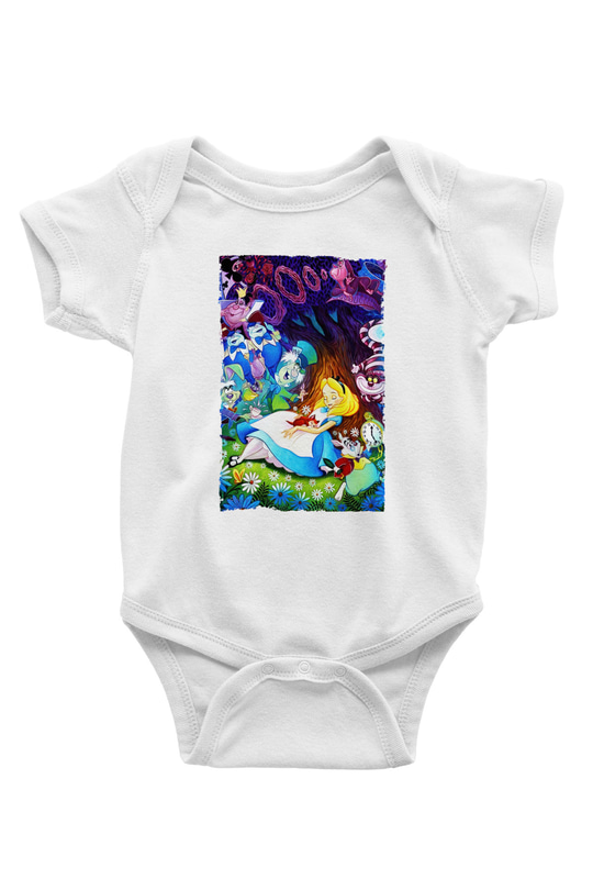 Alice in Wonderland Baskılı Beyaz Unisex Bebek Body - Zıbın