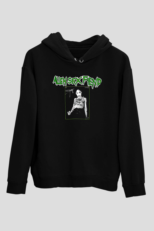 Alien Sex Fiend Baskılı Unisex Siyah Kapüşonlu Sweatshirt