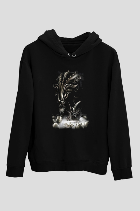 Alien Siyah Unisex Kapşonlu Sweatshirt