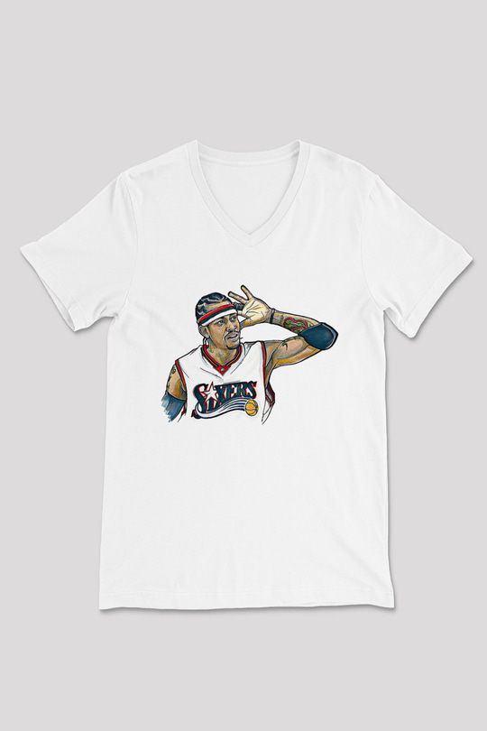 Allen Iverson Baskılı Beyaz Unisex V Yaka Tişört - Tshirt