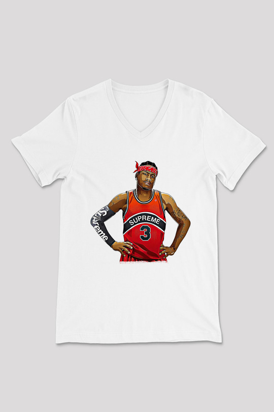 Allen Iverson Baskılı Beyaz Unisex V Yaka Tişört - Tshirt