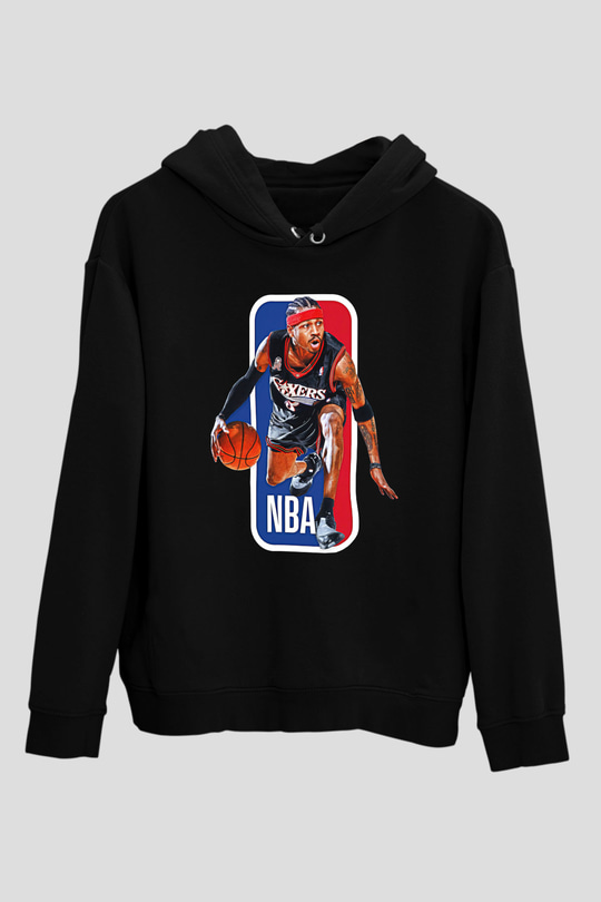 Allen Iverson Baskılı Unisex Siyah Kapüşonlu Sweatshirt