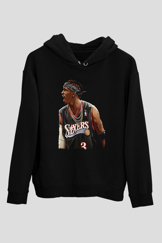 Allen Iverson Baskılı Unisex Siyah Kapüşonlu Sweatshirt