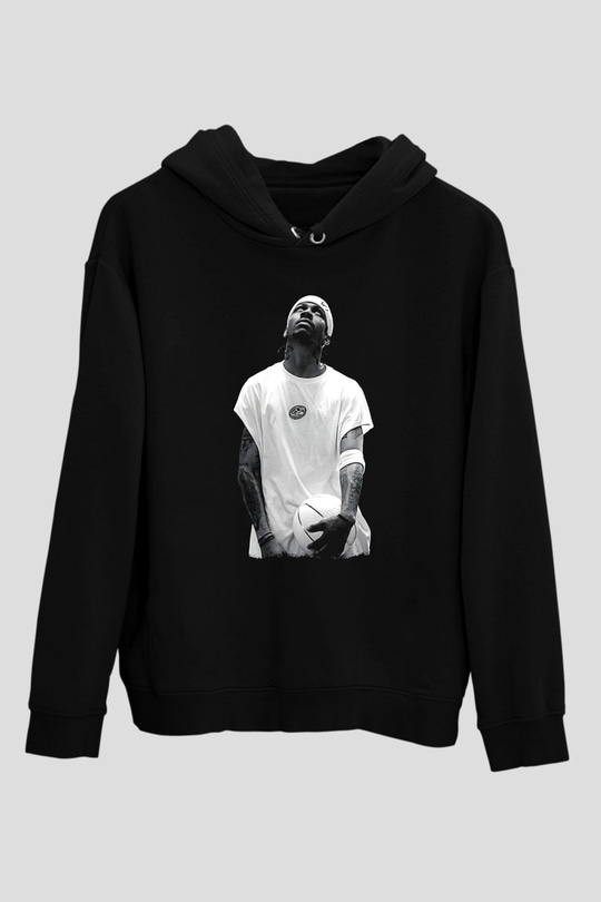 Allen Iverson Baskılı Unisex Siyah Kapüşonlu Sweatshirt