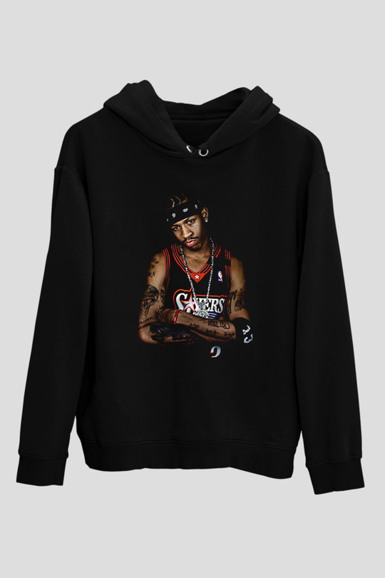 Allen Iverson Baskılı Unisex Siyah Kapüşonlu Sweatshirt