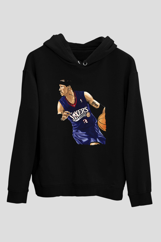 Allen Iverson Baskılı Unisex Siyah Kapüşonlu Sweatshirt