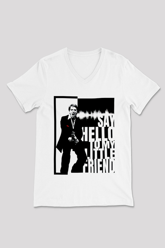 Alpacino Say Hello To My Little Friend Beyaz Unisex V Yaka Tişört