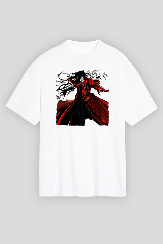 Alucard Baskılı Beyaz Unisex Oversize Tişört - Tshirt