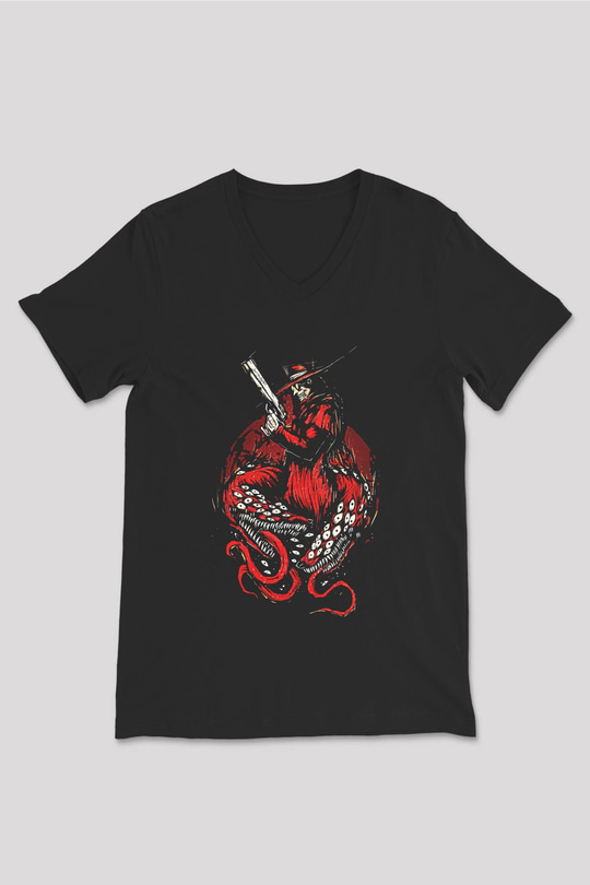 Alucard Baskılı Unisex Siyah V Yaka Tişört - Tshirt