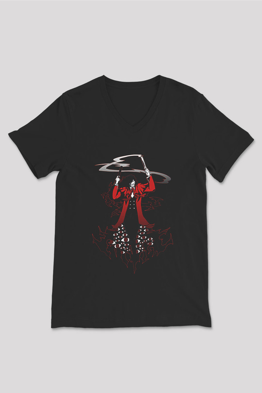 Alucard Baskılı Unisex Siyah V Yaka Tişört - Tshirt