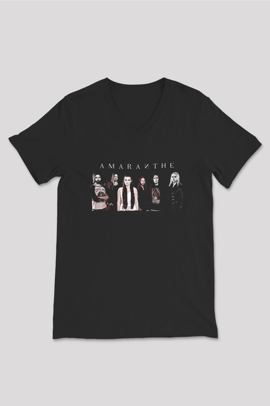 Amaranthe Baskılı Unisex Siyah V Yaka Tişört - Tshirt