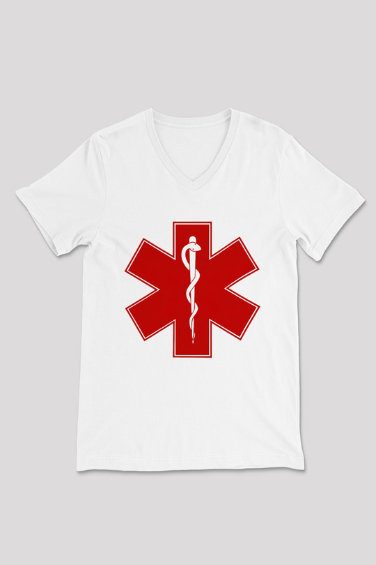 Ambulans şoförü Beyaz Unisex V Yaka Tişört T-Shirt