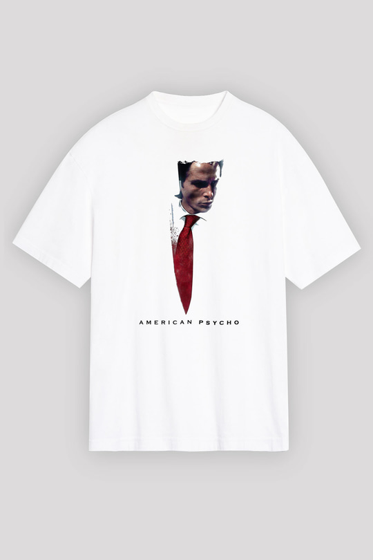 American Psycho Baskılı Beyaz Unisex Oversize Tişört - Tshirt