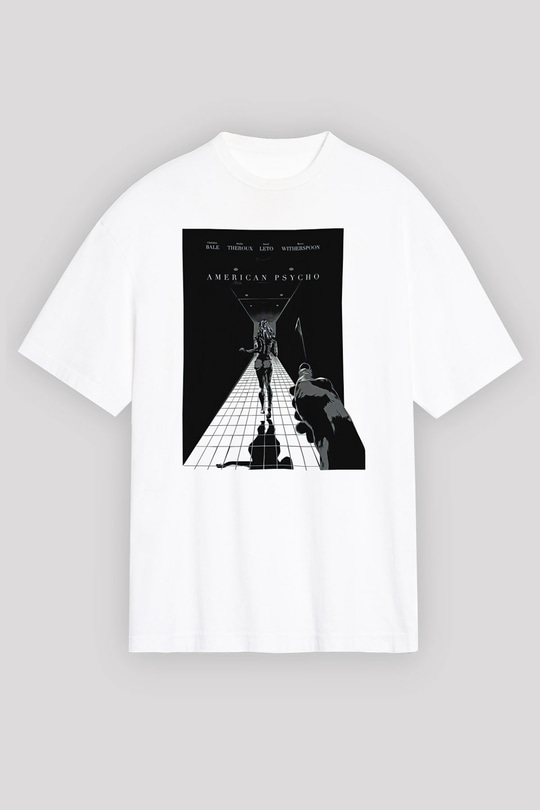 American Psycho Baskılı Beyaz Unisex Oversize Tişört - Tshirt