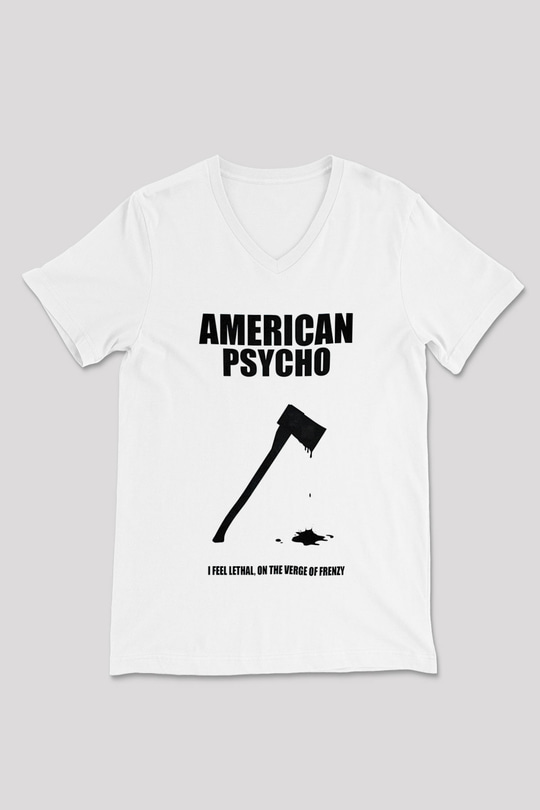 American Psycho Baskılı Beyaz Unisex V Yaka Tişört - Tshirt
