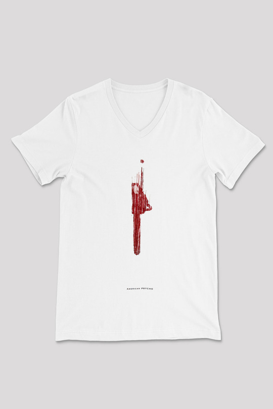 American Psycho Baskılı Beyaz Unisex V Yaka Tişört - Tshirt
