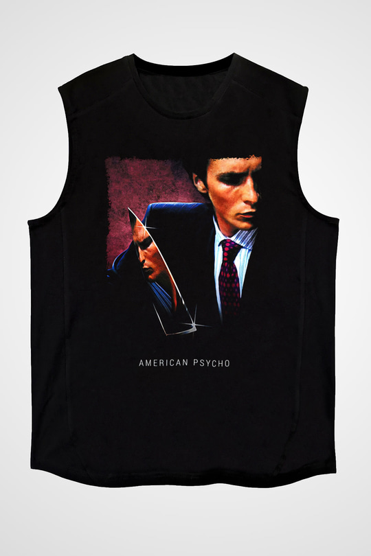 American Psycho Baskılı Unisex Siyah Kolsuz Tişört - Tshirt