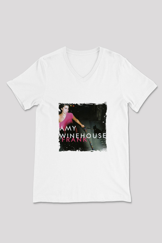 Amy Winehouse Baskılı Beyaz V Yaka Unisex Tişört