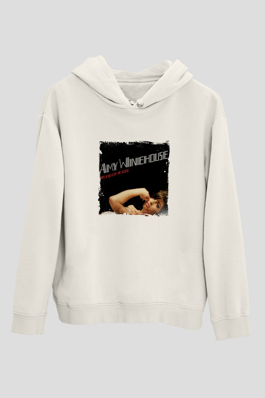 Amy Winehouse Baskılı Unisex Beyaz Kapüşonlu Sweatshirt