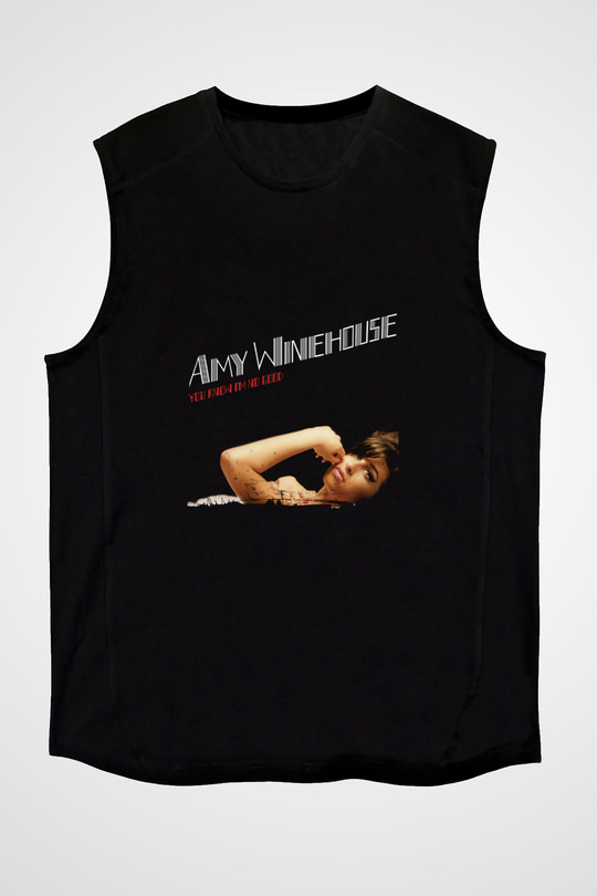 Amy Winehouse Baskılı Unisex Siyah Kolsuz Tişört