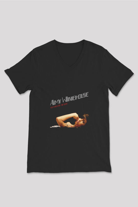 Amy Winehouse Baskılı Unisex Siyah V Yaka Tişört