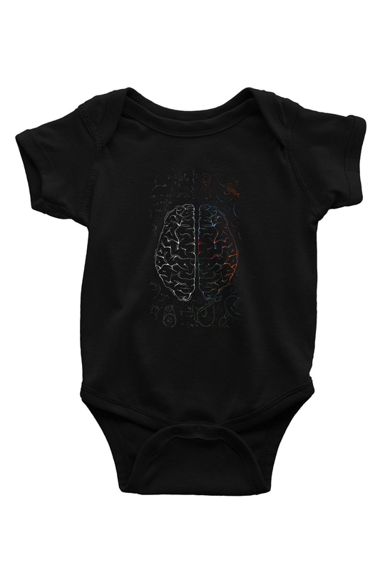 Analitik Ve Sezgisel Beyin Lobları Baskılı Unisex Siyah Bebek Body - Zıbın