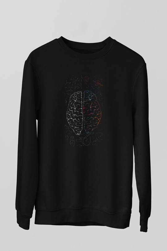 Analitik Ve Sezgisel Beyin Lobları Baskılı Unisex Siyah Sweatshirt