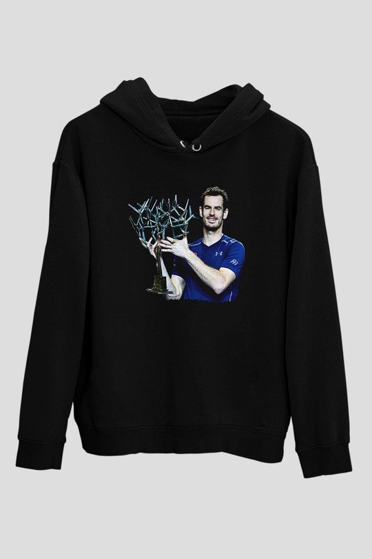 Andy Murray Baskılı Unisex Siyah Kapüşonlu Sweatshirt