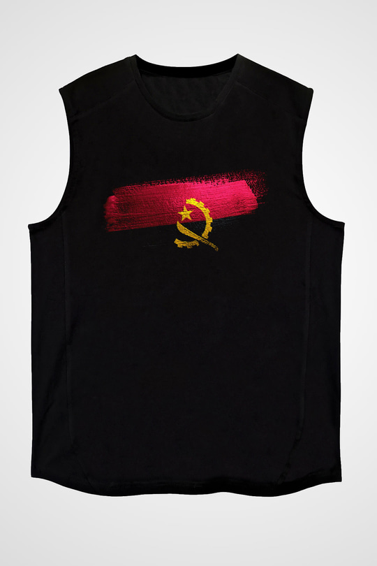 Angola Bayrağı Baskılı Unisex Siyah Kolsuz Tişört