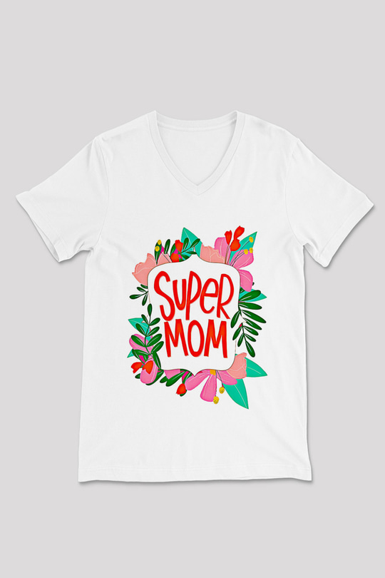 Anneler Günü Baskılı Beyaz Unisex V Yaka Tişört - Tshirt