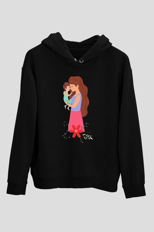 Anneler Günü Baskılı Unisex Siyah Hoodie