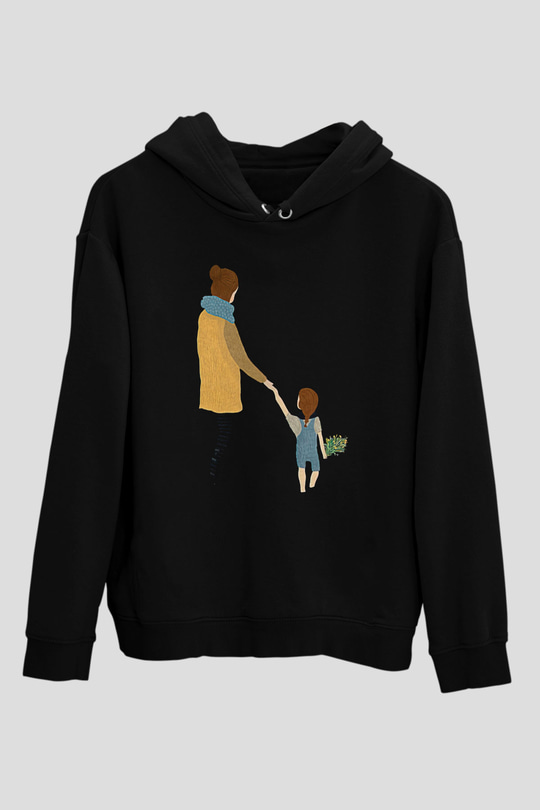 Anneler Günü Baskılı Unisex Siyah Hoodie
