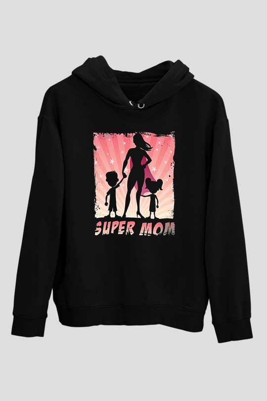 Anneler Günü Baskılı Unisex Siyah Hoodie