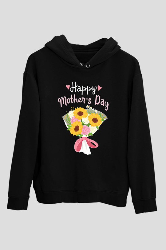 Anneler Günü Baskılı Unisex Siyah Hoodie