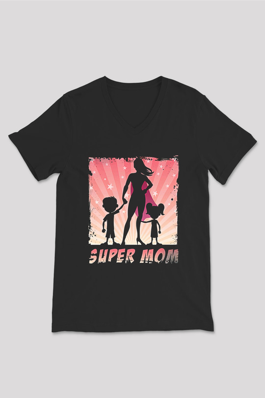 Anneler Günü Baskılı Unisex Siyah V Yaka Tişört - Tshirt