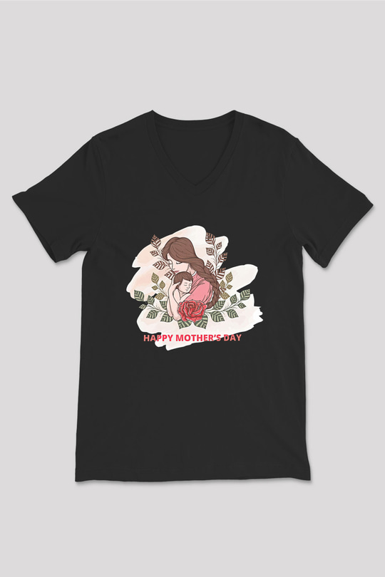 Anneler Günü Baskılı Unisex Siyah V Yaka Tişört - Tshirt