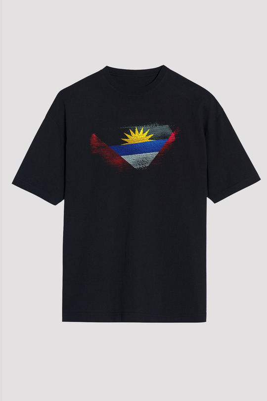 Antigua Barbuda Bayrağı Baskılı Unisex Siyah Oversize Tişört
