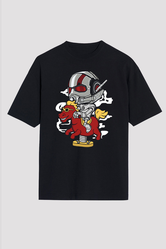 Antman Riding Horse Baskılı Unisex Siyah Oversize Tişört