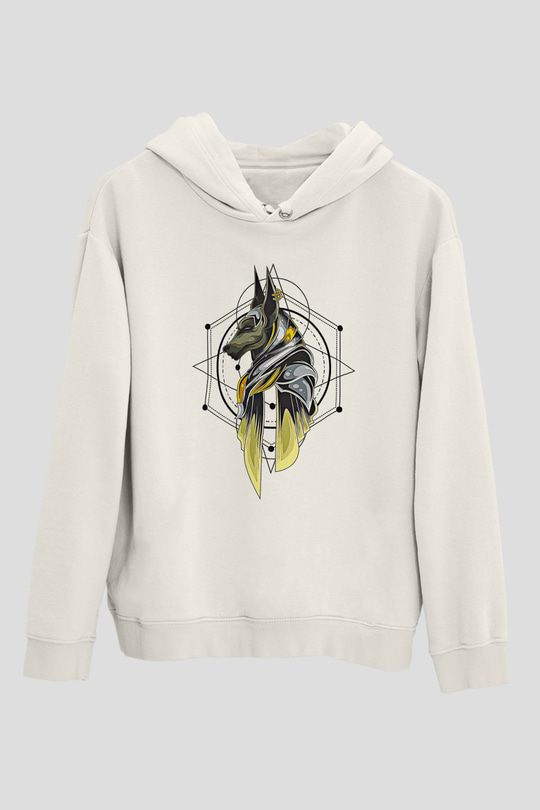 Anubis Baskılı Beyaz Unisex Hoodie