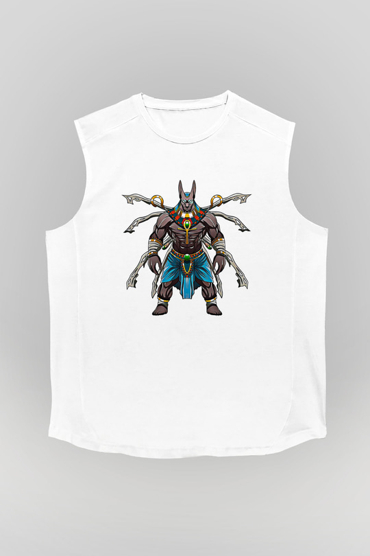 Anubis Baskılı Beyaz Unisex Kolsuz Tişört - Tshirt