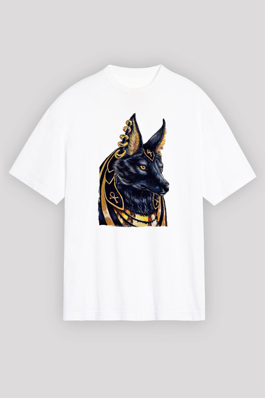 Anubis Baskılı Beyaz Unisex Oversize Tişört - Tshirt