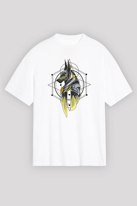 Anubis Baskılı Beyaz Unisex Oversize Tişört - Tshirt