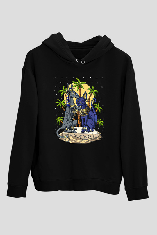 Anubis Baskılı Unisex Siyah Hoodie