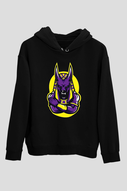 Anubis Baskılı Unisex Siyah Hoodie