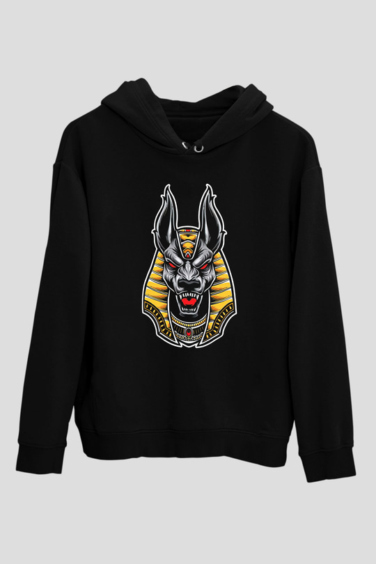 Anubis Baskılı Unisex Siyah Hoodie