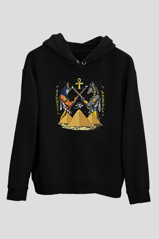 Anubis Baskılı Unisex Siyah Hoodie
