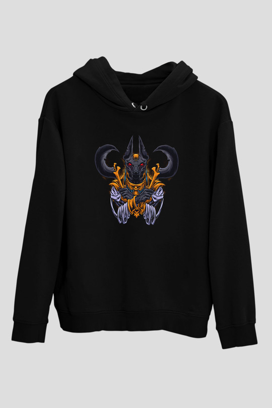 Anubis Baskılı Unisex Siyah Hoodie