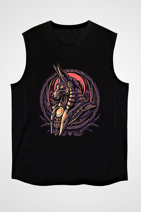 Anubis Baskılı Unisex Siyah Kolsuz Tişört - Tshirt