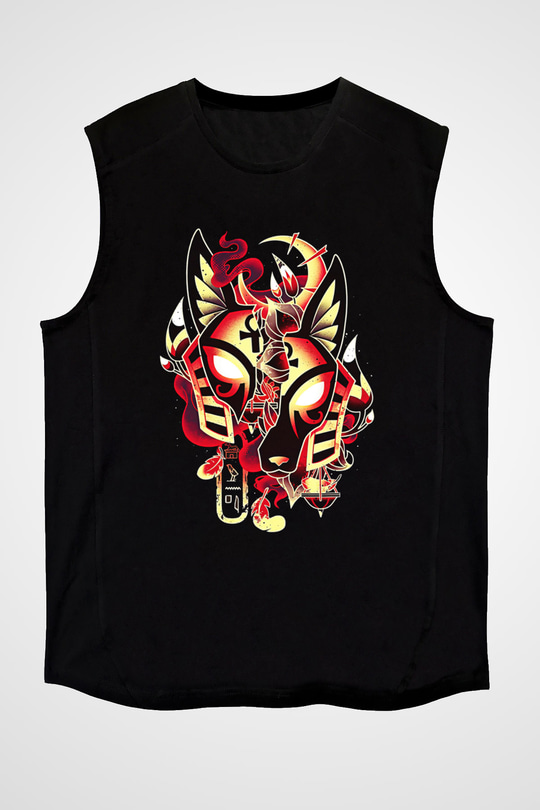 Anubis Baskılı Unisex Siyah Kolsuz Tişört - Tshirt