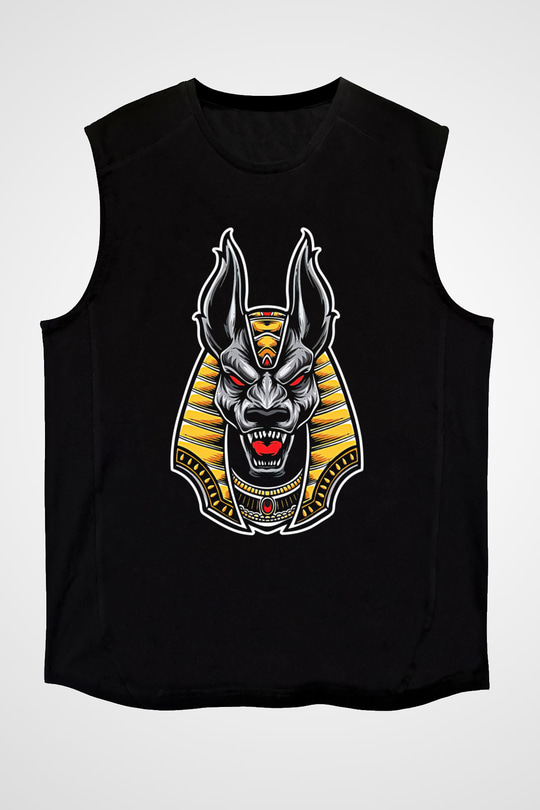 Anubis Baskılı Unisex Siyah Kolsuz Tişört - Tshirt